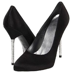 STUART WEITZMAN Black Satin Crystal Stiletto Pumps